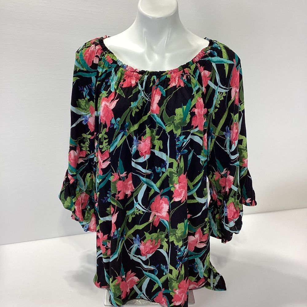 Catherines Floral Top Elastic Neckline Mid Bell Sleeve Rayon 1X